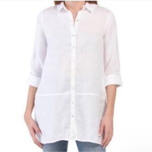 TAHARI 100% linen white button-up tunic shirt.